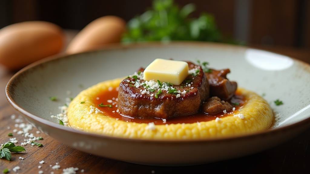 Polenta crémeuse servie avec fromage et herbes fraîches