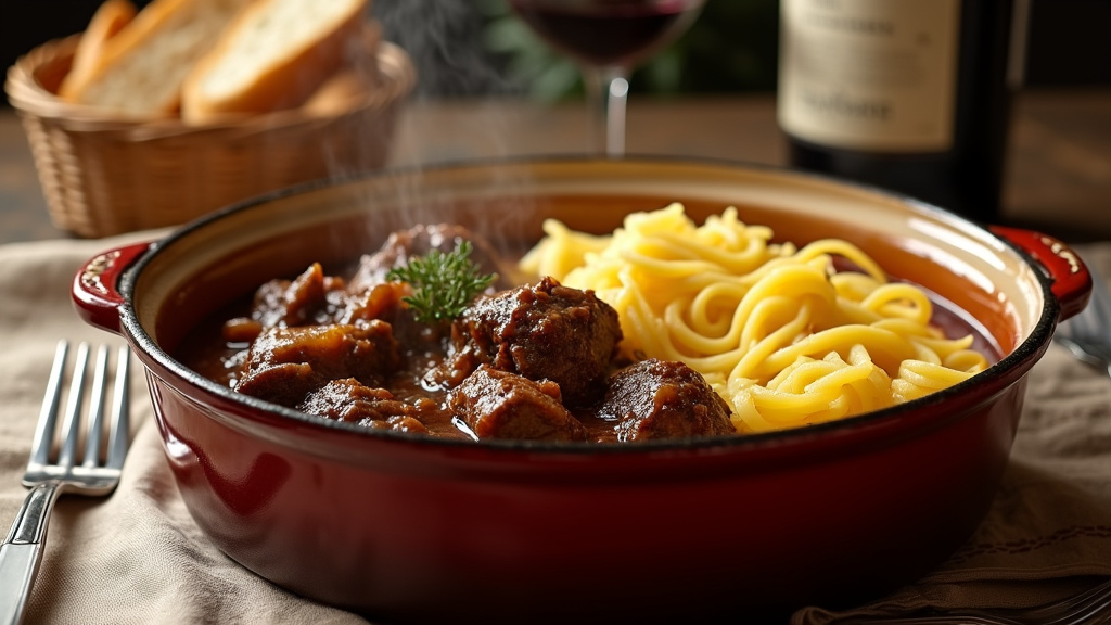 Assiette de bœuf bourguignon accompagnée de purée de pommes de terre maison et de légumes verts