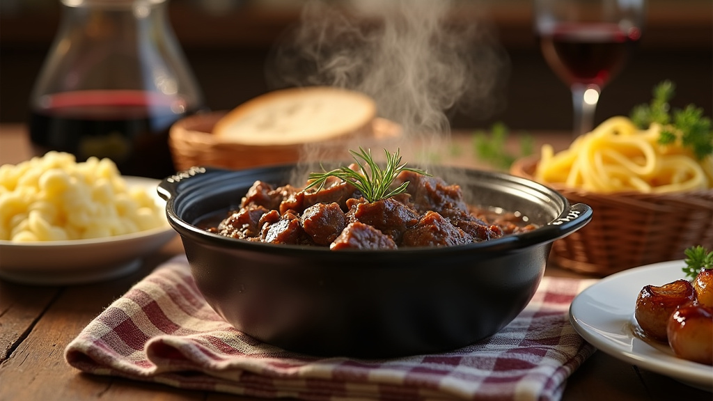Assiette de bœuf bourguignon avec accompagnement de légumes rôtis et verts