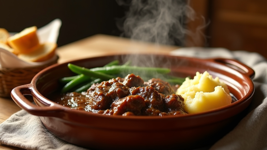 Bol de bœuf bourguignon mijoté avec des champignons, oignons et légumes, accompagné de purée de pommes de terre et de légumes verts