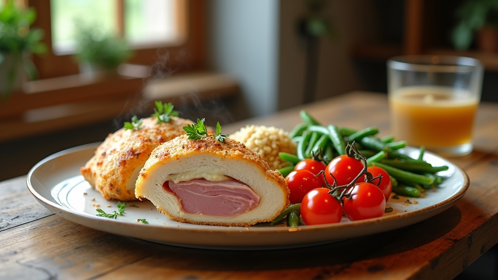Assiette gourmande avec cordon bleu croustillant et accompagnements variés