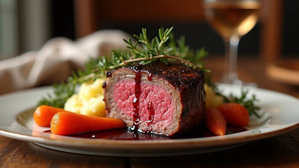 Filet mignon parfaitement cuit avec des légumes rôtis colorés et des herbes fraîches