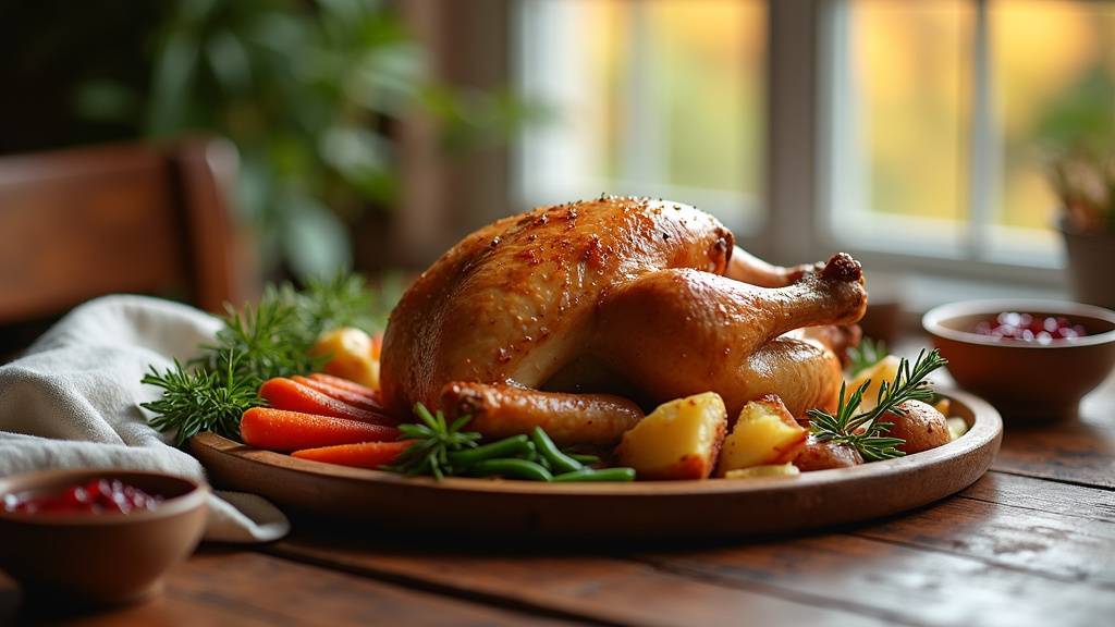 Poulet rôti accompagné de légumes rôtis et purée de pommes de terre