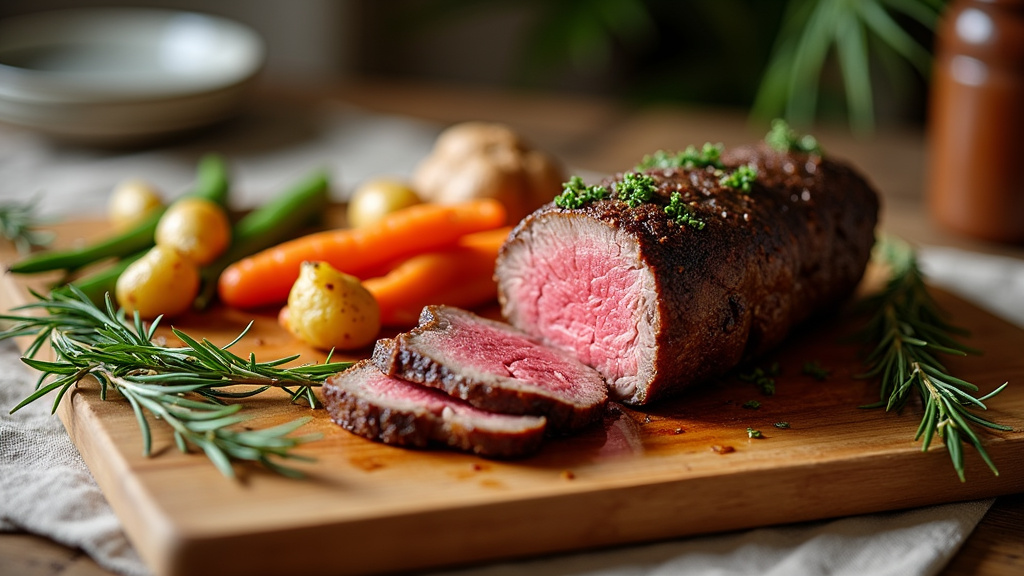 Table dressée avec rôti de bœuf, légumes grillés et garnitures colorées