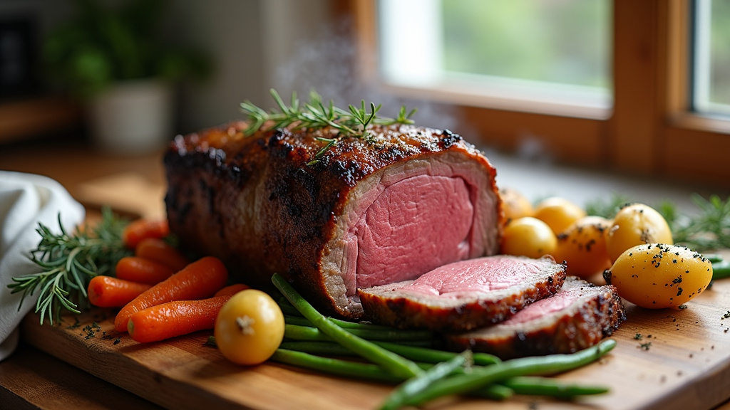 Plat de rôti de bœuf accompagné de légumes grillés et pommes de terre rôties