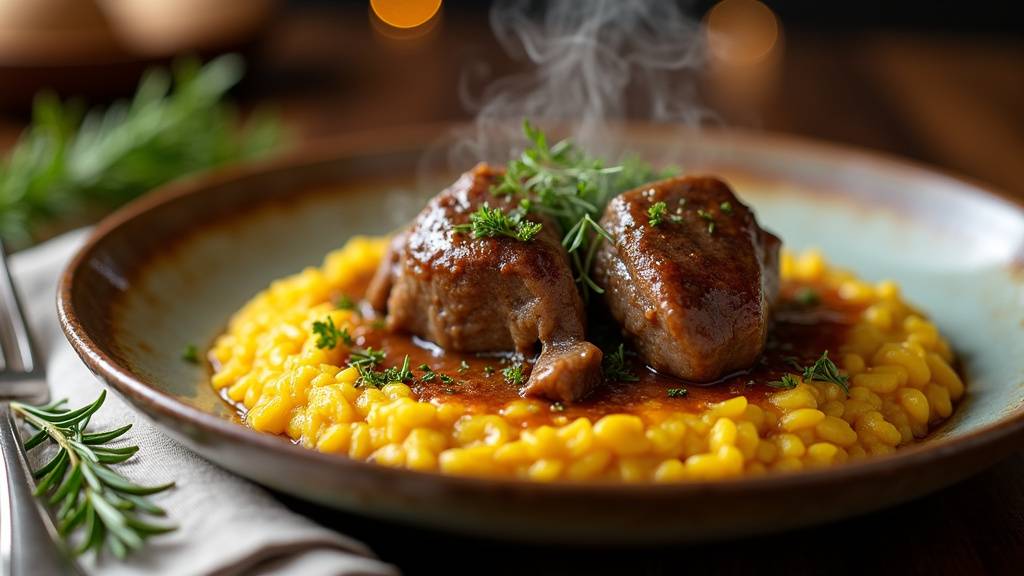Risotto à la milanaise doré avec du safran, servi dans un bol en céramique