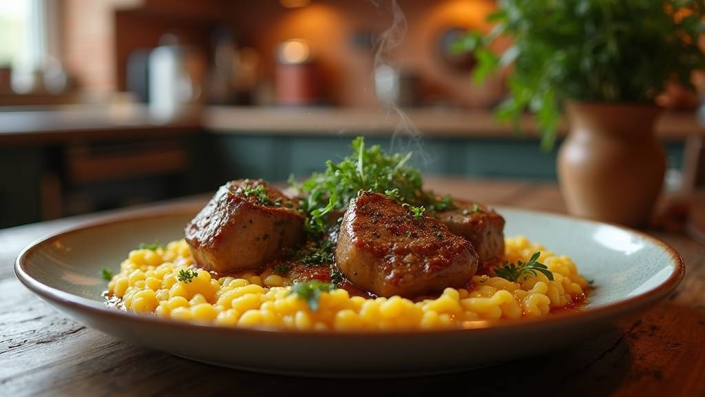 Plat d'osso bucco mijoté avec sauce tomate et légumes, servi avec accompagnement