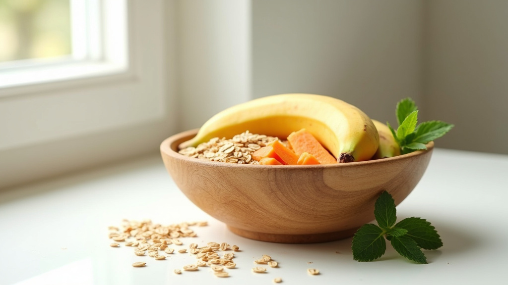 Assortiment d'aliments riches en glucides complexes : flocons d'avoine, quinoa, patate douce, légumineuses