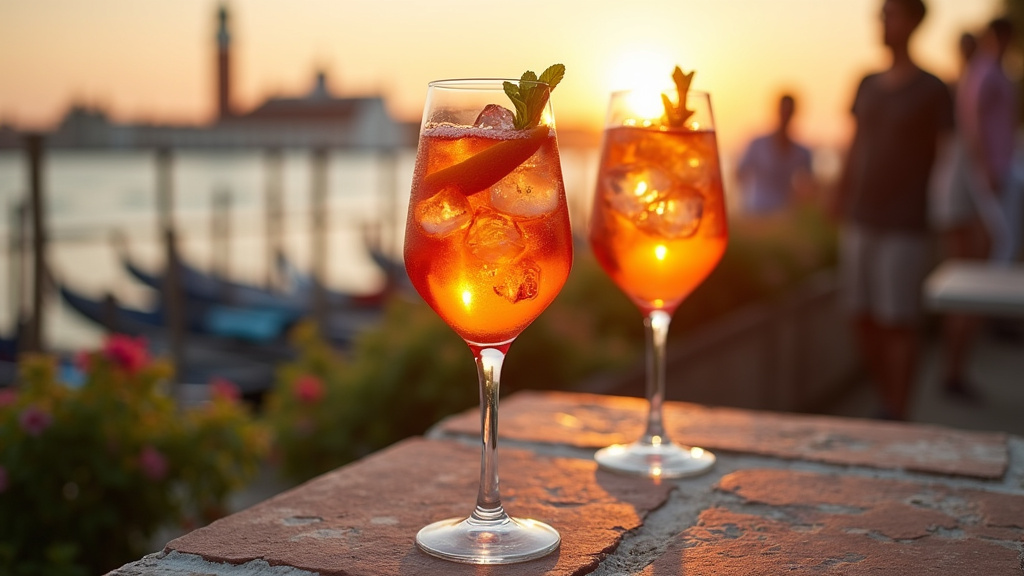 Service d'Aperol Spritz sur une table de jardin avec des oranges et des glaçons
