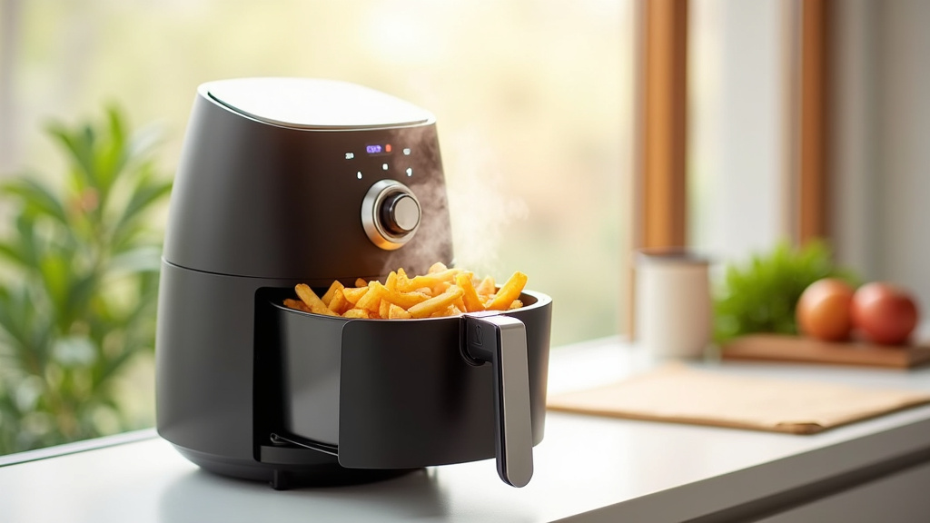 Air Fryer moderne sur un plan de travail de cuisine avec des frites croustillantes