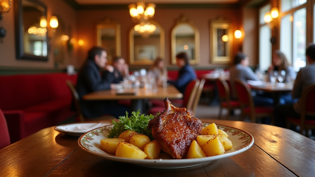 Plat typique du Bouillon Médreville avec steak, frites et sauce poivre