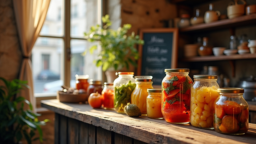 Terrasse ensoleillée de La Conserverie Paysanne avec tables en bois et parasols