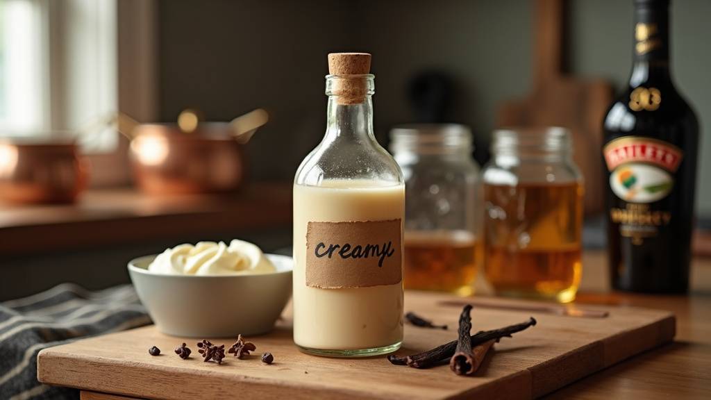 Ingrédients pour Baileys maison disposés sur un plan de travail de cuisine