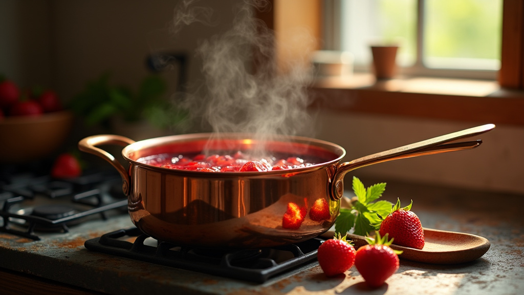 Vue rapprochée d'une bassine en cuivre avec des fruits rouges en train de cuire