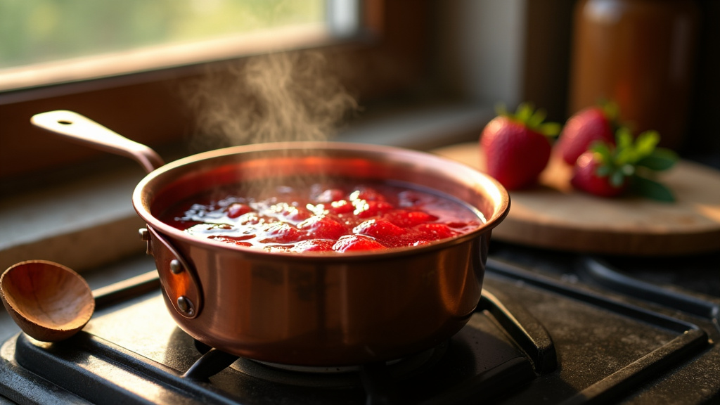 Bassine en cuivre évasée avec des fruits rouges et du sucre