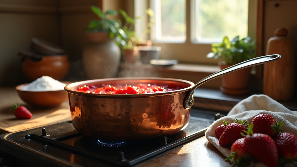 Bassine à confiture en cuivre sur une cuisinière avec des fruits rouges à côté