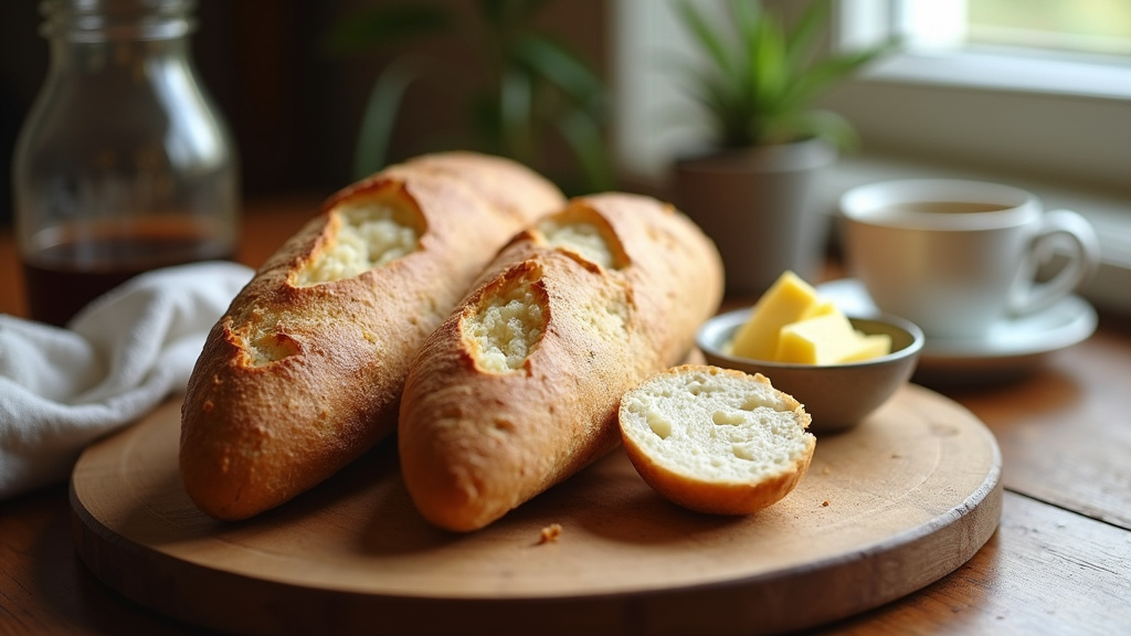 Tranches de baguette tradition sur une planche en bois avec des graines et des épices