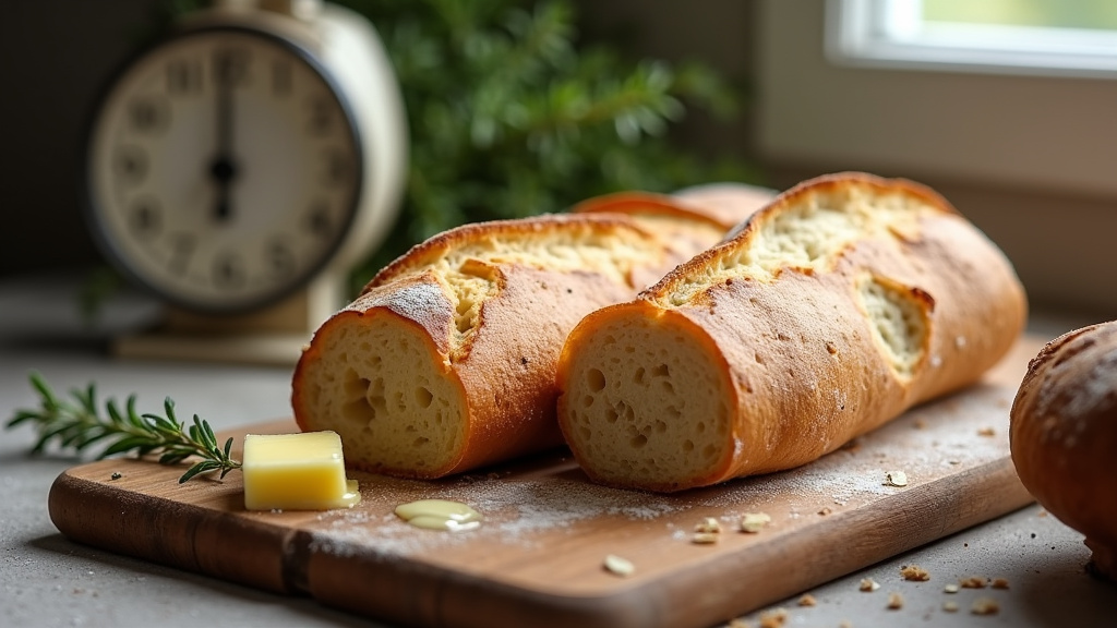 Baguette tradition française sur un plan de travail en bois avec des grains de blé
