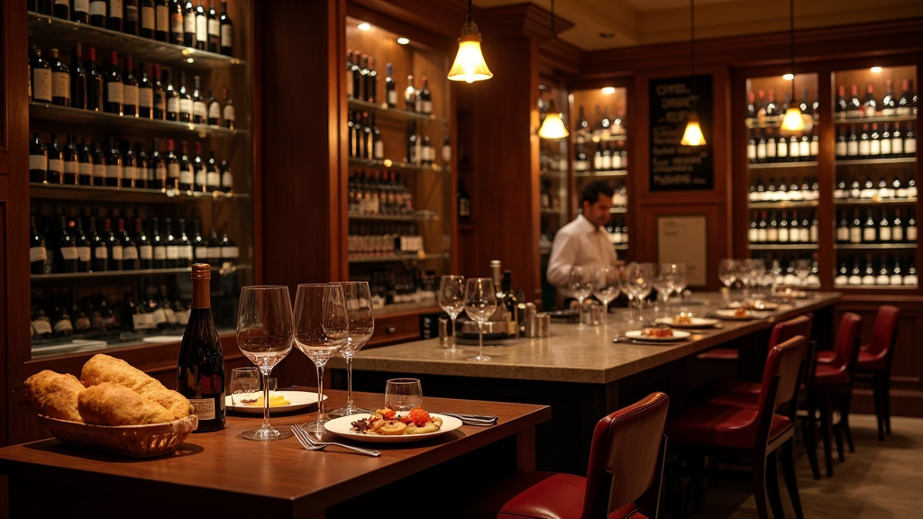 Vue de la cave à vins de Chonbou avec les étagères de bouteilles et le bar à vins