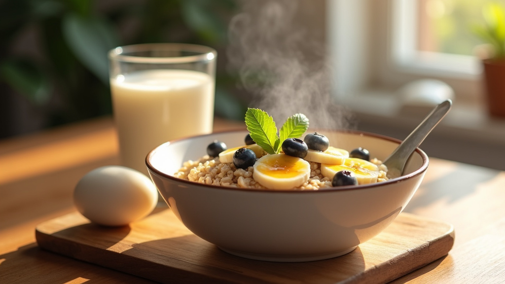 Représentation graphique des piliers d'un petit déjeuner équilibré : protéines, bonnes graisses, glucides complexes et fruits entiers