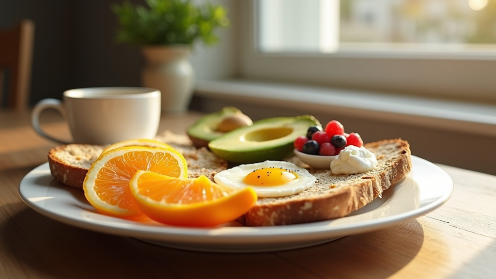 Un petit déjeuner équilibré avec un bol de flocons d'avoine, des fruits frais, des noix et un verre de thé vert