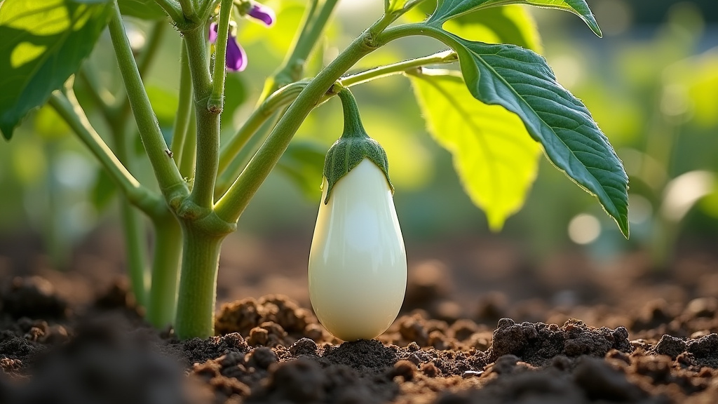 Pieds d'aubergines blanches dans un potager ensoleillé