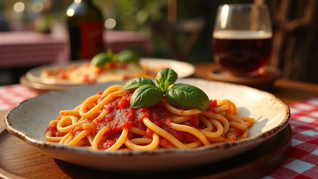 Terrasse extérieure de Del Arte avec tables et chaises en bois