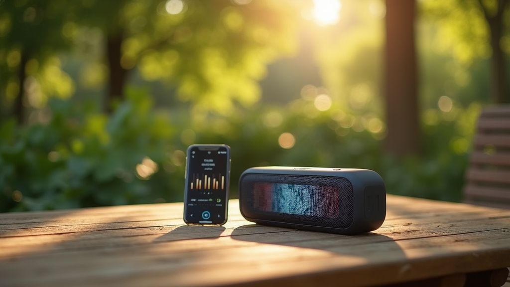 Enceinte Boost posée sur une surface en bois avec des câbles et accessoires audio