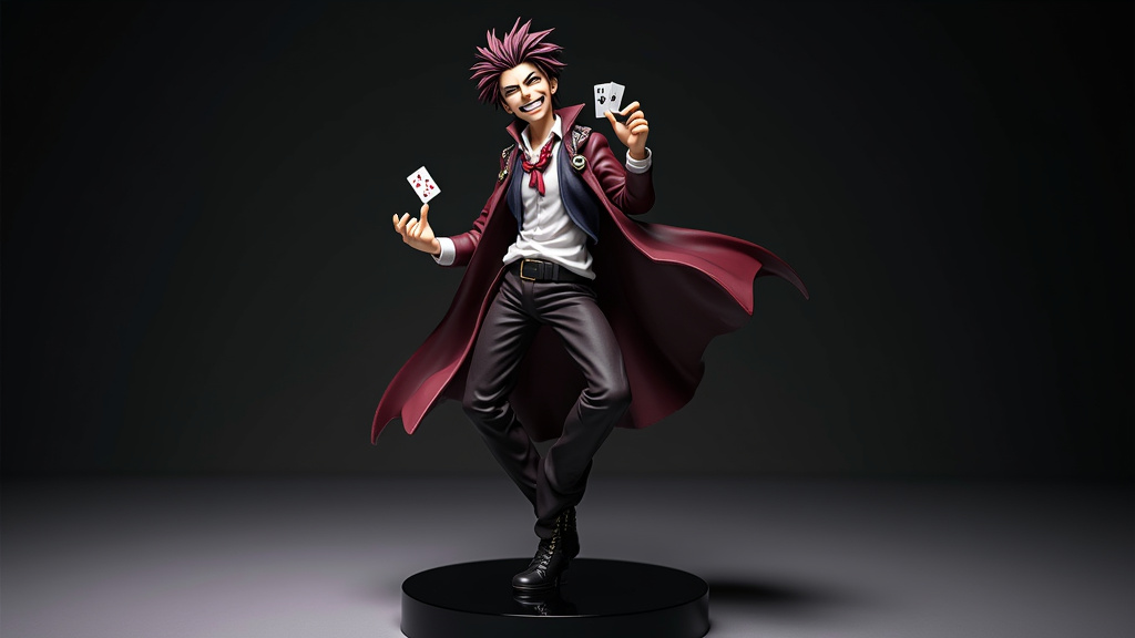 Collection de figurines Hisoka de différentes marques et échelles exposées dans une vitrine