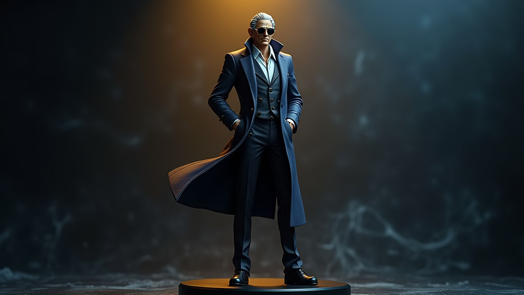 Figurine de Silvers Rayleigh posée sur une étagère, avec d'autres figurines One Piece en arrière-plan