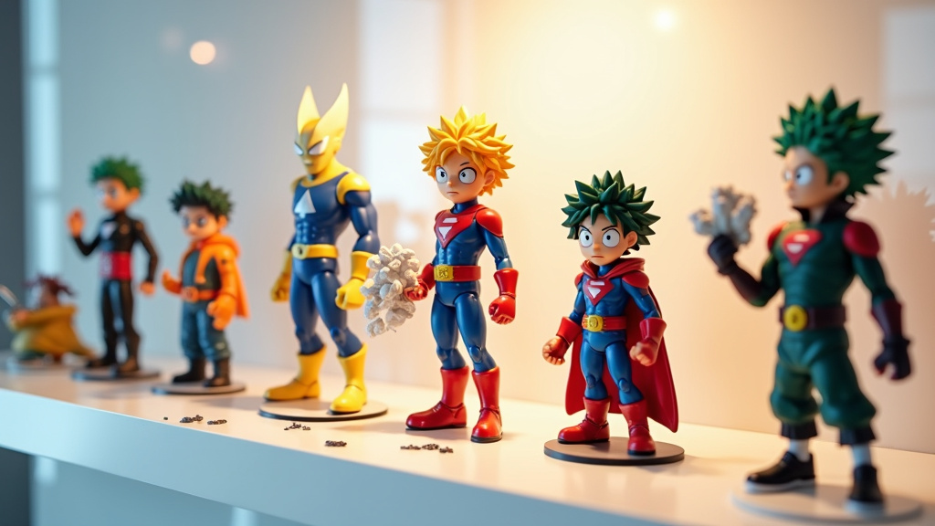 Collection de figurines My Hero Academia sur une étagère vitrée
