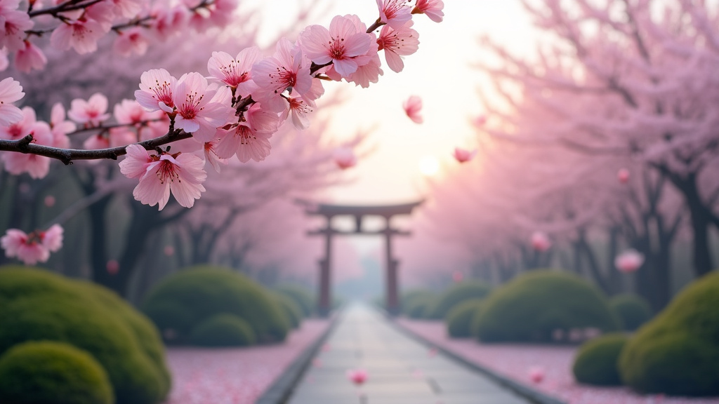 Cerisier en fleur sakura au Japon avec des pétales roses tombant au vent