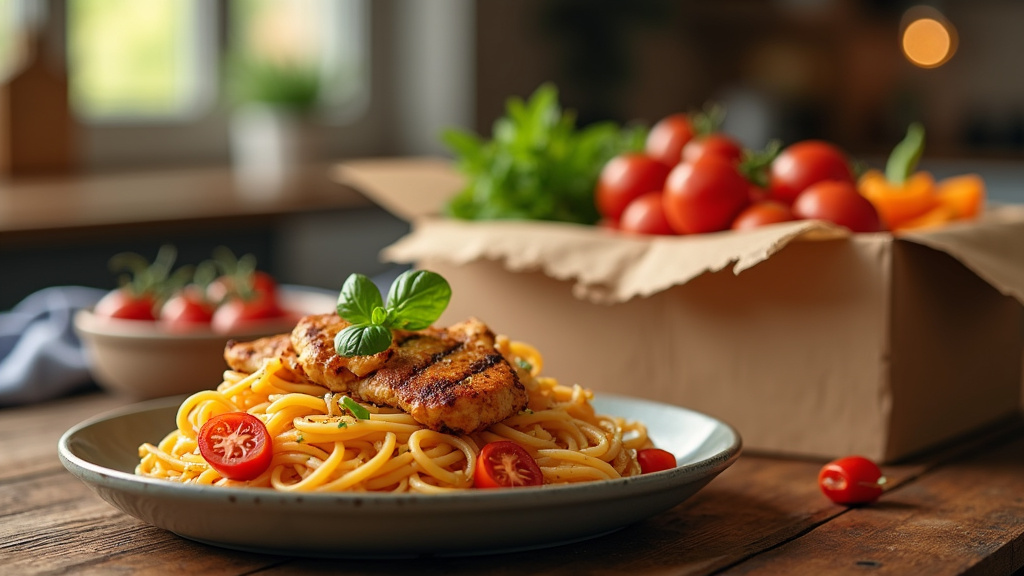 Boîte HelloFresh avec ingrédients frais et recettes illustrées
