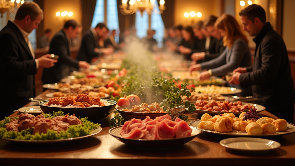 Intérieur des Grands Buffets de Narbonne avec les buffets chargés de plats variés