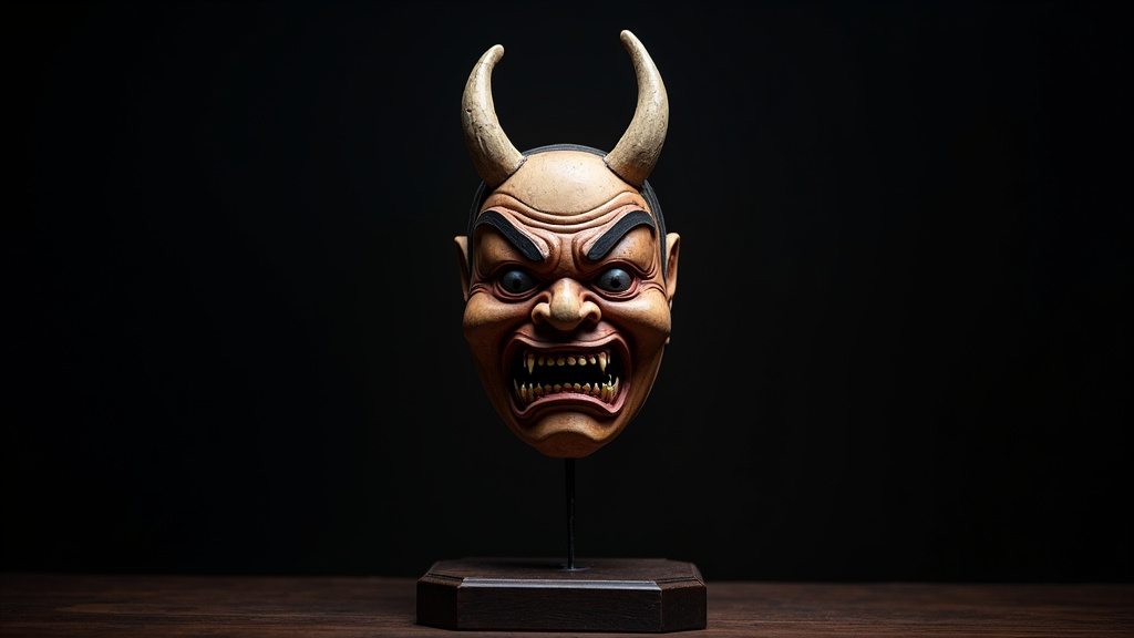 Détail du masque Hannya montrant ses yeux exorbités et ses cornes acérées