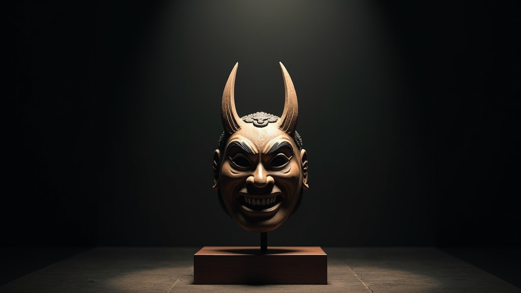 Masque Hannya japonais avec ses cornes acérées et son expression furieuse