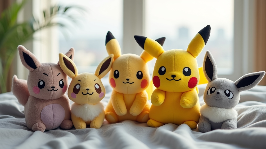Différentes tailles de peluches Pokémon alignées