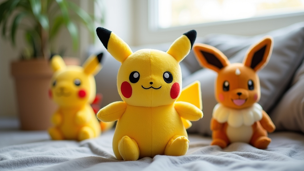 Collection de peluches Pokémon colorées sur une étagère