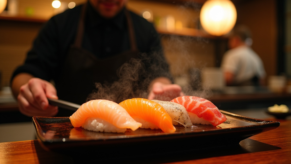 Intérieur d'un restaurant de sushi traditionnel à Osaka avec un chef expérimenté préparant des pièces