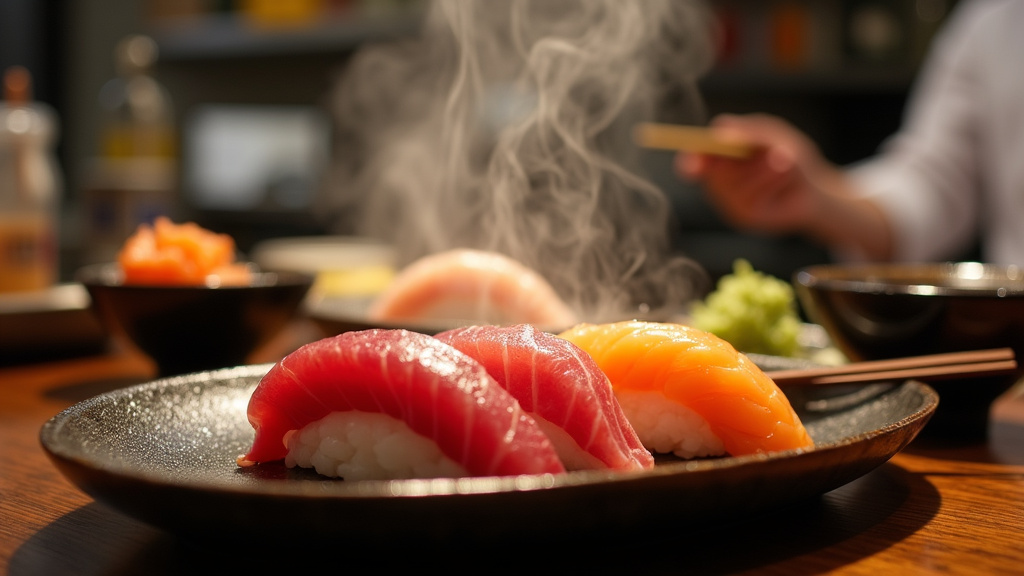 Vue intérieure d'un restaurant kaiten sushi avec le tapis roulant de sushis colorés