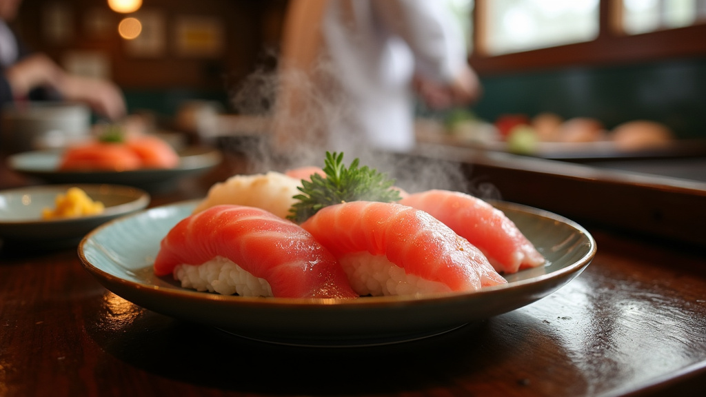 Vue sur une sélection de sushis traditionnels servis dans un restaurant typique d'Osaka
