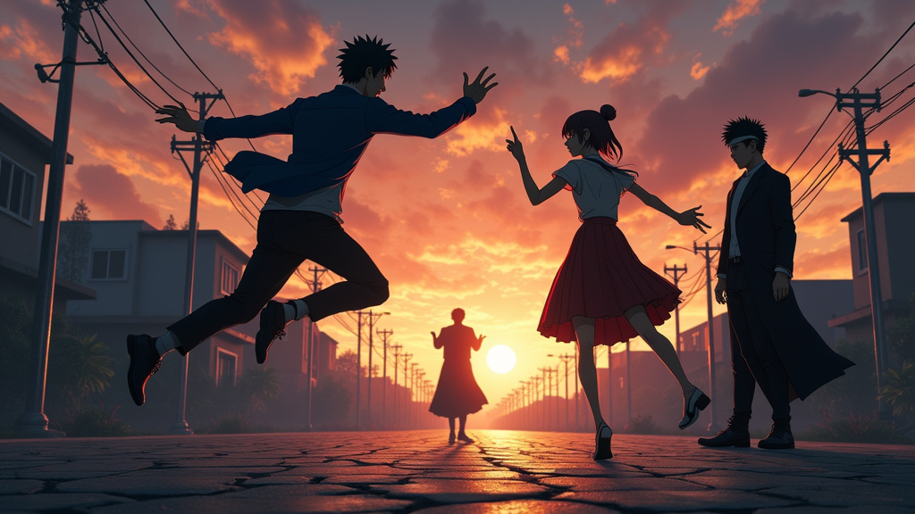 Illustration des personnages principaux de Jujutsu Kaisen : Yuji Itadori, Megumi Fushiguro, Nobara Kugisaki et Satoru Gojo