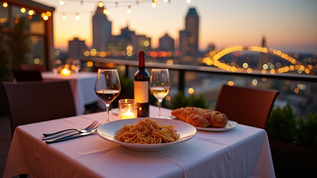 Intérieur du restaurant Primavista avec vue panoramique sur Cincinnati et tables élégamment dressées