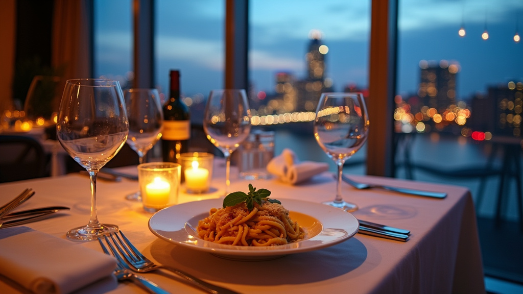 Plat signature du restaurant Primavista avec veau et fruits de mer dans une assiette élégante
