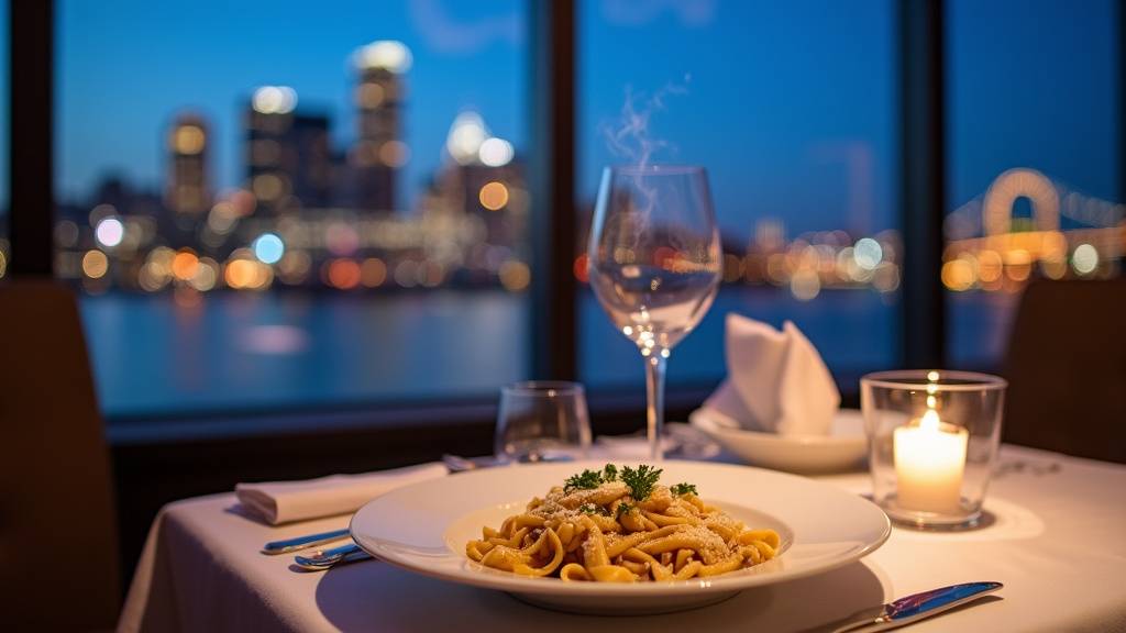 Intérieur du restaurant Primavista avec tables disposées face aux grandes baies vitrées