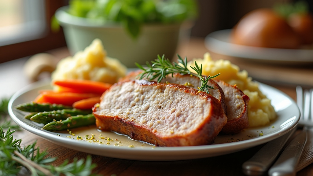 Rôti de porc accompagné de légumes rôtis et purée de pommes de terre