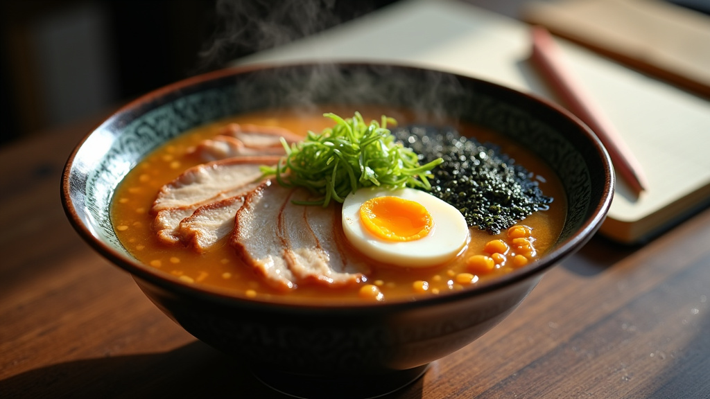 Bol de ramen maison avec bouillon tonkotsu, chashu de porc, oeuf mollet et nori