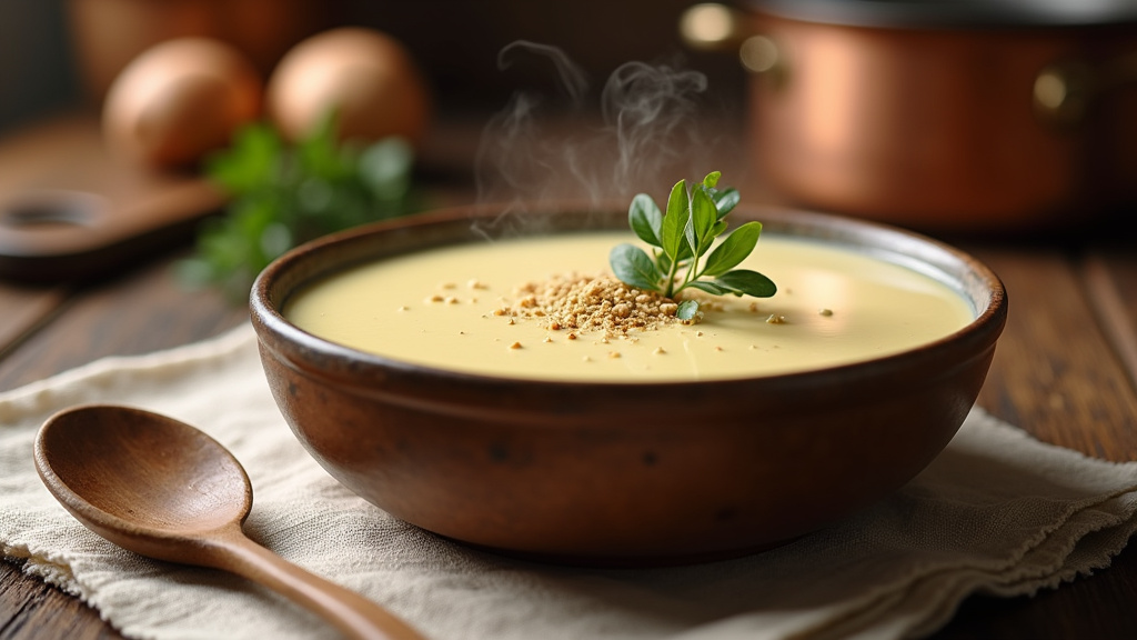 Bol de béchamel onctueuse sans farine avec quelques herbes fraîches et une noix de muscade râpée