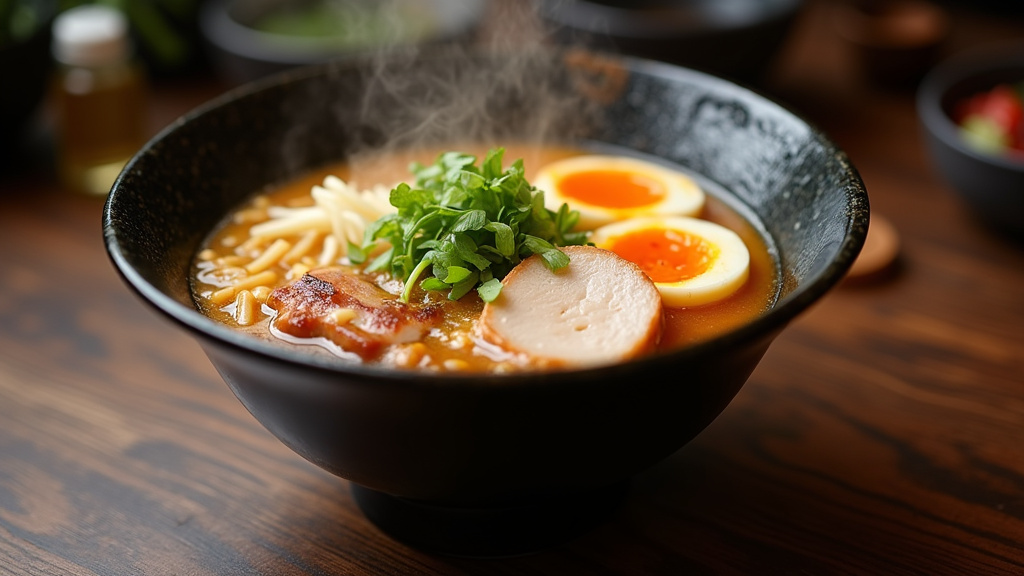 Schéma des trois composants essentiels d'un ramen japonais : bouillon, tare et garnitures
