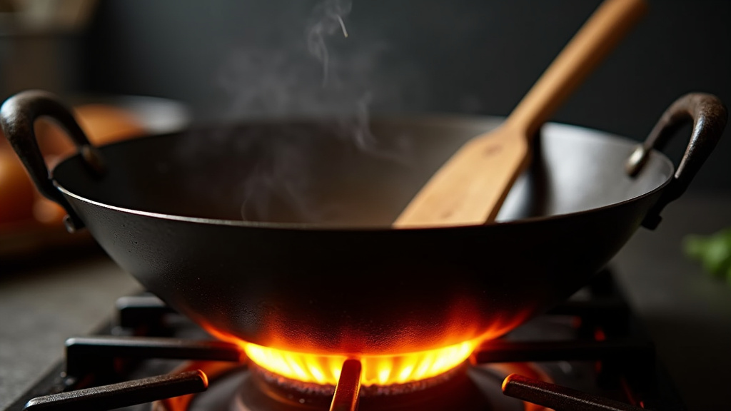 Wok en acier au carbone chauffé à feu vif pour la cuisine asiatique